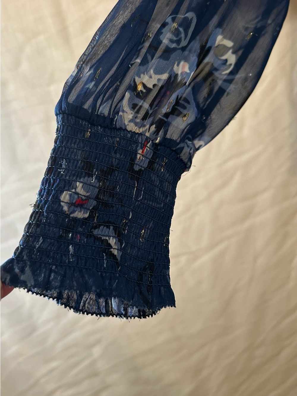 WHBM Blue Ruffle Neck Blouse with Sheer Sleeves - Picture 11 of 17